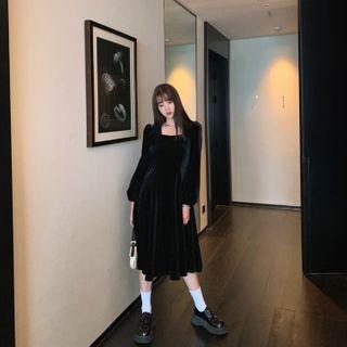 Square-neck Plain Midi A-line Dress