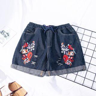 Embroidered Denim Shorts Navy Blue - 2xl