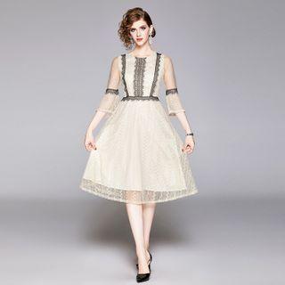Lace Trim 3/4-sleeve A-line Party Dress