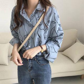 Drawing Printed Chiffon Blouse Blue - One Size