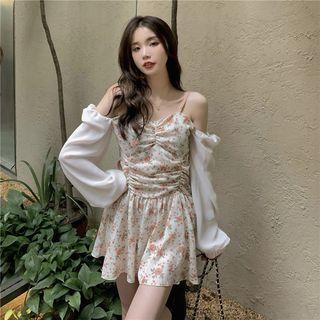 Long-sleeve Suspender Floral Ruched Dress
