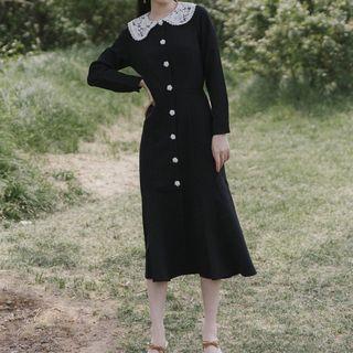 Long-sleeve Buttoned Lace-collar Midi A-line Dress