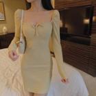 Long-sleeve Square-neck Mini Sheath Dress As Shown In Figure - One Size
