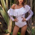 Long-sleeve Cold-shoulder Ruffle-trim Swimsuit