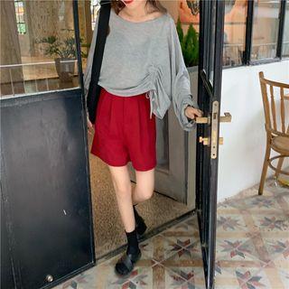 Drawstring Long-sleeve Loose-fit T-shirt / Plain Shorts