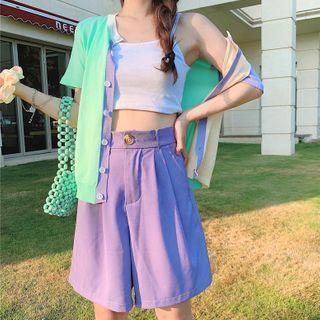 Color Block Short-sleeve Knit Top / Wide Leg Shorts