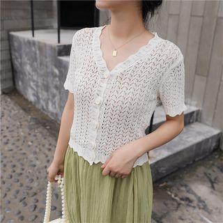 Crochet Knit Short-sleeve Cardigan White - One Size