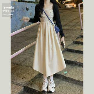Off-shoulder Midi A-line Dress / Long-sleeve Shrug