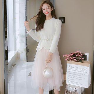 Faux Pearl Furry Pullover / A-line Midi Mesh Skirt / Set