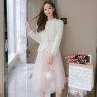 Faux Pearl Furry Pullover / A-line Midi Mesh Skirt / Set