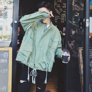 Plain Pocketed Drawstring Waist Jacket