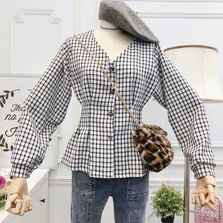 V-neck Plaid Buttoned Top