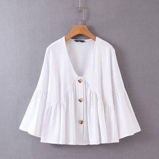 Bell-sleeve Buttoned Linen Blend Blouse
