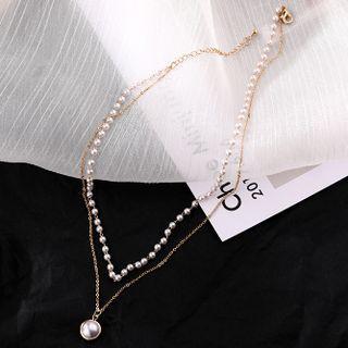 Layered Faux Pearl Chain Necklace 1 Pc - Layered Faux Pearl Chain Necklace - Gold - One Size