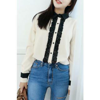 Petite Size Contrast-collar Lace-trim Blouse