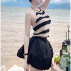 Halter-neck Striped Knit Camisole Top / Puffy Mini A-line Skirt