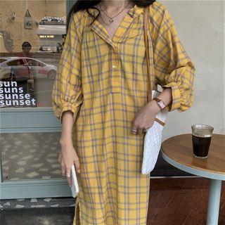 3/4-sleeve Plaid Midi Shirt Dress Yellow - One Size