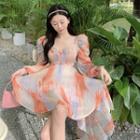 Long-sleeve Tie-dye Asymmetrical A-line Dress