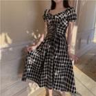 Puff-sleeve Plaid Lace-up A-line Midi Dress