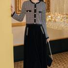 Set: Houndstooth Cardigan + A-line Midi Velvet Skirt