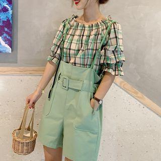 Plaid Off Shoulder Top / High Waist Jumper Shorts