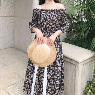 Floral Print Off-shoulder Elbow-sleeve Midi A-line Dress