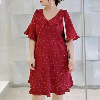 Print Short-sleeve Collared A-line Chiffon Dress
