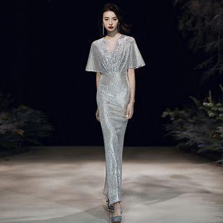 Elbow-sleeve Metallic Mermaid Evening Gown