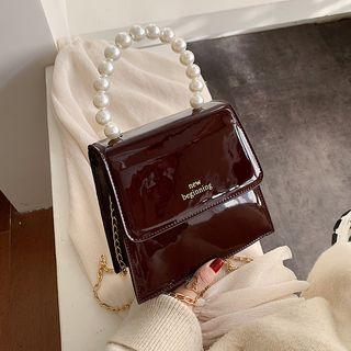 Faux Pearl Top Handle Patent Crossbody Bag
