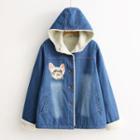 Cat Embroidery Buttoned Hooded Denim Jacket