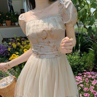 Puff-sleeve Square-neck Mesh Panel Mini Dress