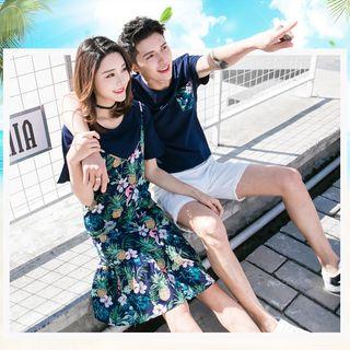 Couple Matching Set: Plain Short Sleeve T-shirt + Spaghetti Strap Dress / Set: Pocketed Short Sleeve T-shirt + Shorts