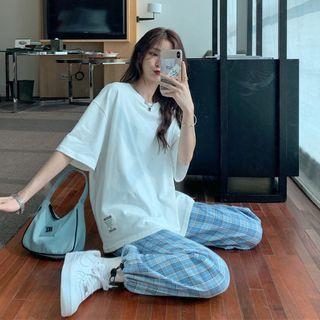 Lettering Elbow-sleeve T-shirt / Plaid Straight Fit Pants