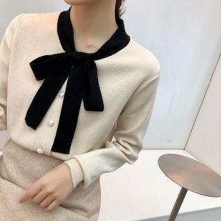 Contrast Trim Bow Accent Button Cardigan