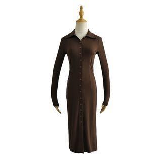 Collared Plain Midi Bodycon Dress