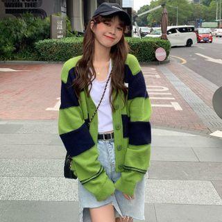 Two-tone Striped Cardigan Green & Dark Blue - One Size