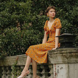 Floral Print Short-sleeve Open-back Midi Sundress