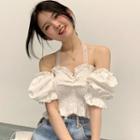 Puff-sleeve Halter-neck Ruffle Trim Crop Top