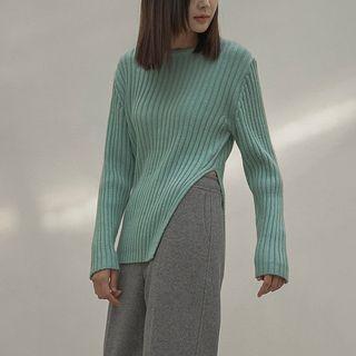 Deep-slit Slim-fit Ribbed Knit Top