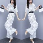 Set: Short-sleeve Printed Chiffon Blouse + Printed Wide Leg Pants + Belt