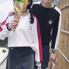 Long Sleeve Couple Floral Embroidered Color-block Sweatshirt