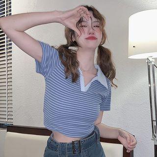 Short-sleeve Collar Striped Top Stripe - Blue - One Size