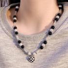 Heart Checker Pendant Faux Pearl Stainless Steel Necklace Black & White - One Size