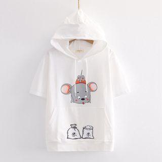Short-sleeve Cartoon Mouse Print Hooded T-shirt
