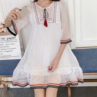 Embroidered 3/4-sleeve A-line Chiffon Dress
