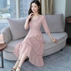 3/4-sleeve Lace Panel Midi A-line Chiffon Dress