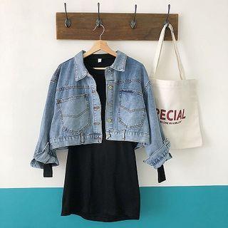 Plain Single-breasted Long-sleeve Denim Jacket Blue - One Size