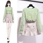 Flower Detail Sweater / Ruffle Hem Tweed Skirt / Set