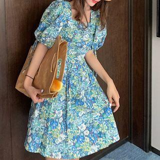 Puff-sleeve Floral Print Tie-waist Top