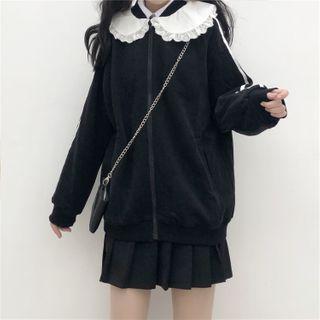 Long-sleeve Shirt / Striped Zip Jacket / Pleated A-line Mini Skirt